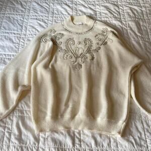 vintage mock neck embellished pearl bead knit sweater sz XL fairy christmas
